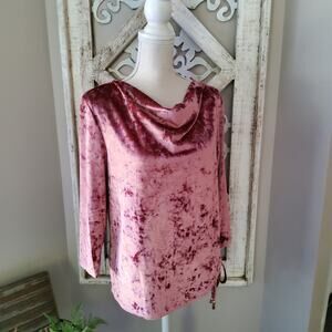 Hearts of Palm Women's Petite Ruched Tie Drape Cowl Neck Velvet Top in Rose